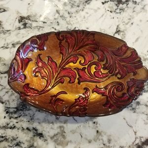 Reverse Painted Goofus Glass Scalloped- Edge Dish